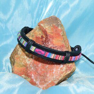 Azzia Tapestry Bohemian Sliding Tie Bracelet Black Pink Multicolor Gift Packaged
